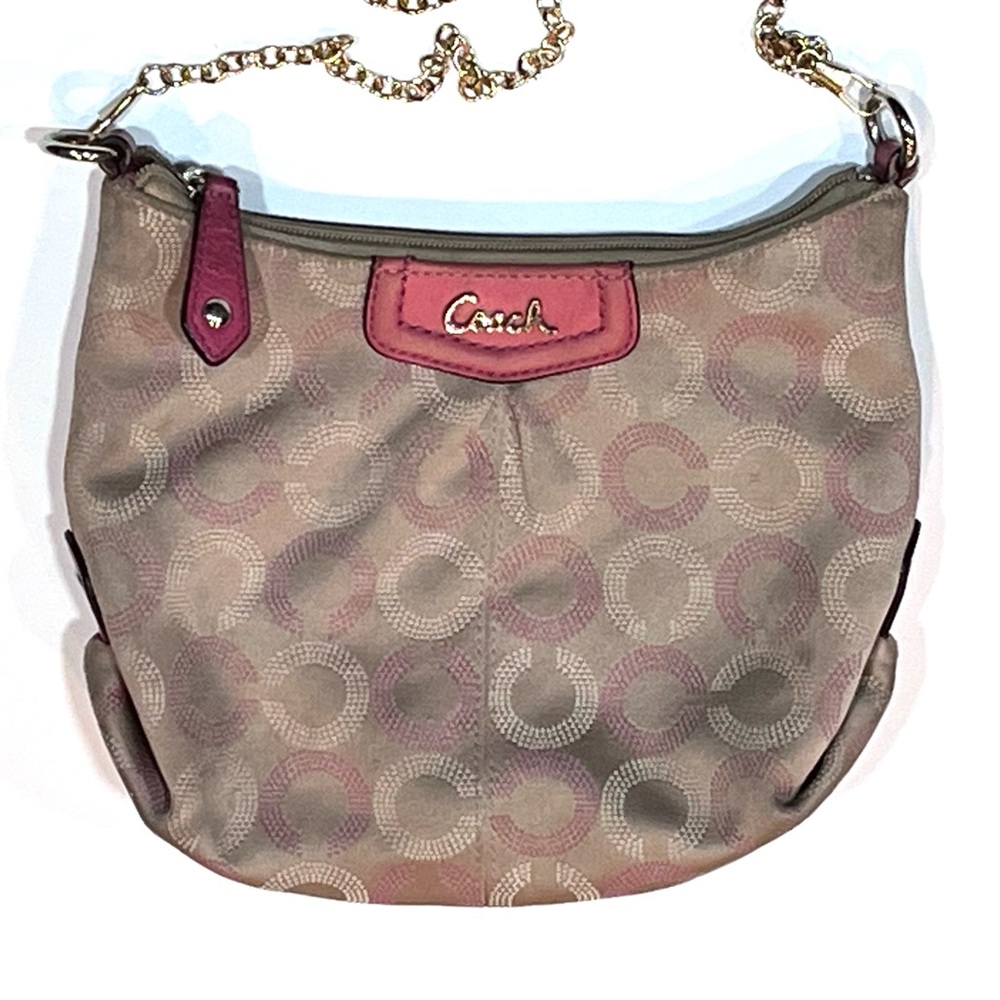 Coach Pink Tan Signature Crossbody Bag Ashley Dot Op Art Swingpack Small Flawed